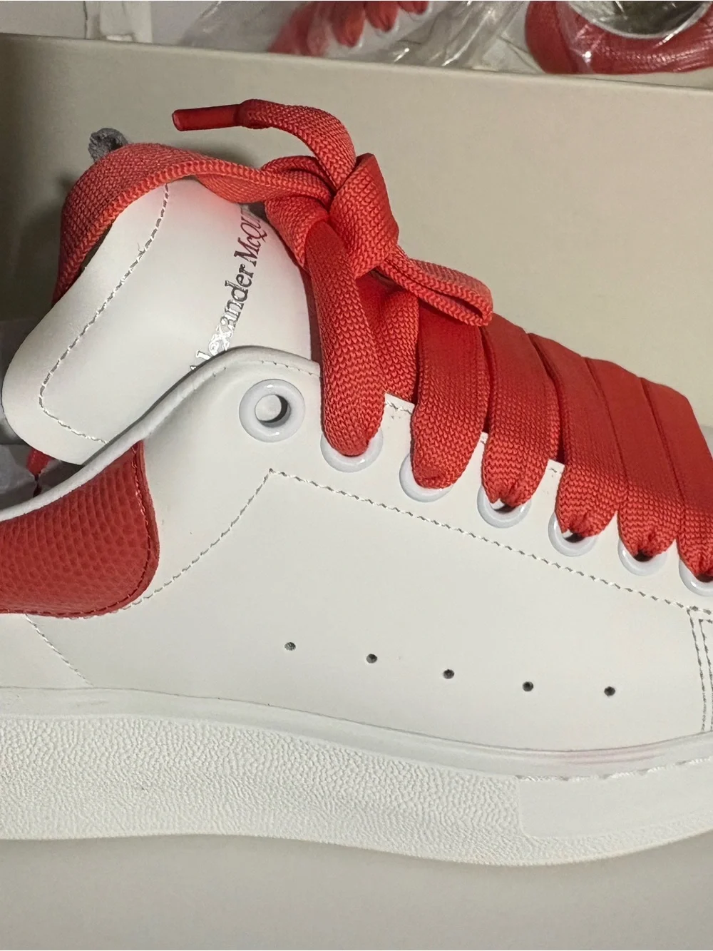 Women Alexander McQueen White Sneakers with Coral Laces and Heel Accent